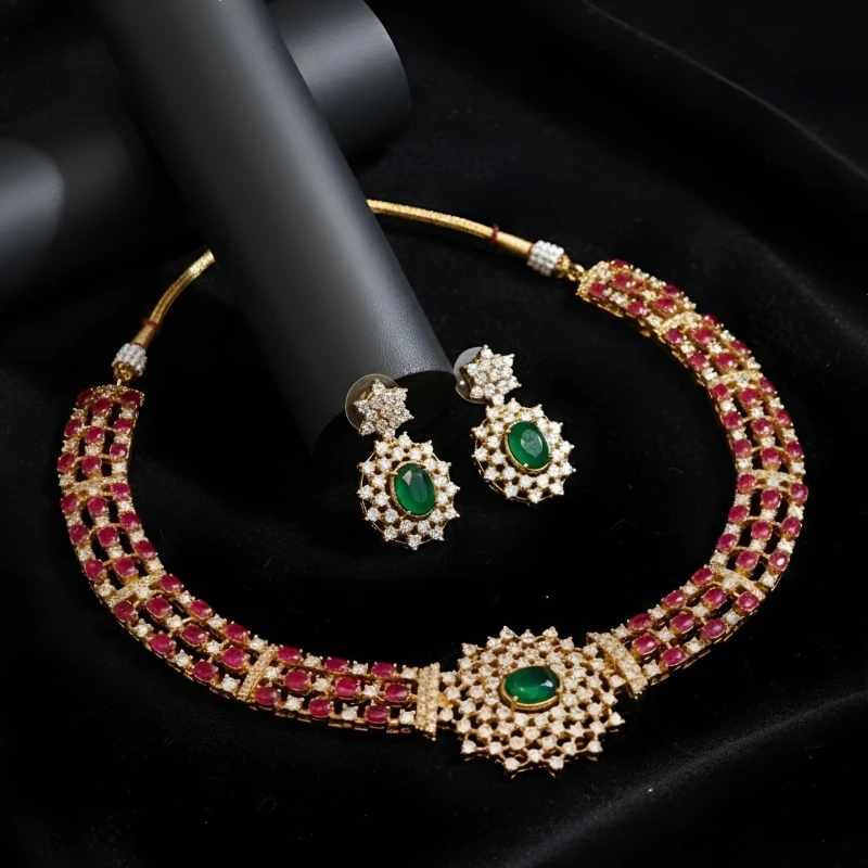 AD Necklace Set in Red and Green