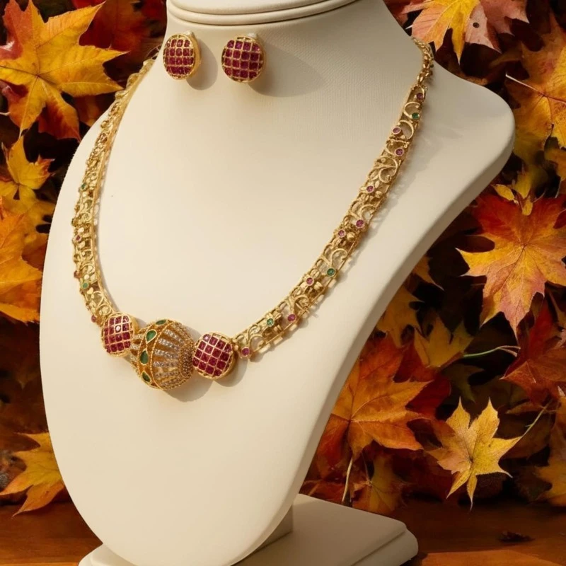 Traditional South Indian Necklace Set with royal gold finish and ruby green stone work