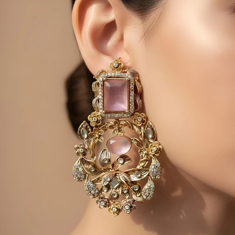 Turkish Earrings with pink stone and gold floral design