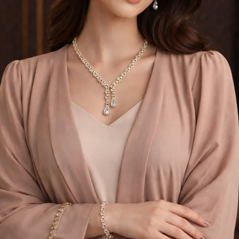 Xuping Korean Style Zircon Necklace Set – Elegant Bridal Jewelry with Bracelet - Image 1